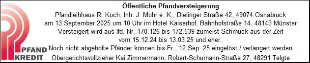 Öffentliche Pfandversteigerung am 13. September 2025 um 10 Uhr im Hotel Kaiserhof, Bahnhofstraße 14, 48143 Münster