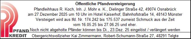 Öffentliche Pfandversteigerung am 27. Dezember 2025 um 10 Uhr im Hotel Kaiserhof, Bahnhofstraße 14, 48143 Münster